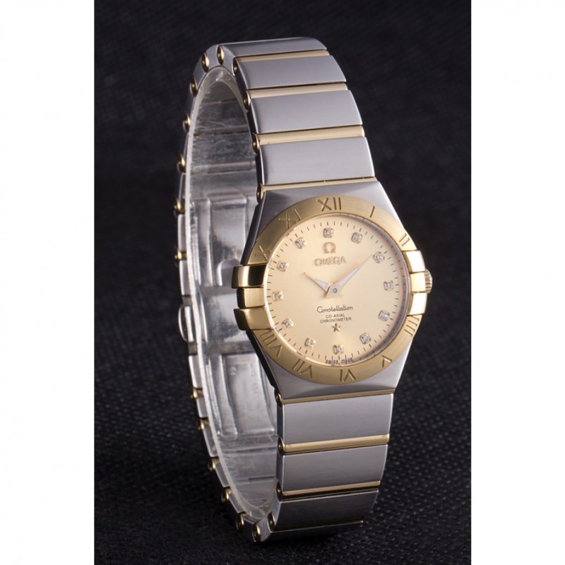 Swiss Lady Omega Constellation Stainless Steel Bracelet Golden Dial 80292-2