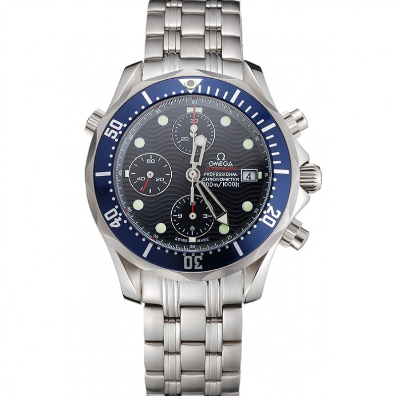 Swiss Omega Seamaster Chronograph 300m Blue Dial Blue Bezel Stainless Steel Case And Bracelet-0