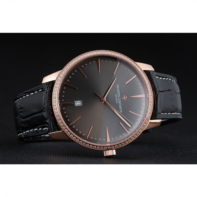 High End Replica Watches Swiss Vacheron Constantin Patrimony Grey Dial Gold Diamonds Case Black Leather Bracelet 1454173-4
