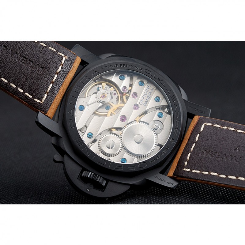 Panerai Luminor Black Ionized Stainless Steel Case Black Dial Brown Suede Leather Strap-5