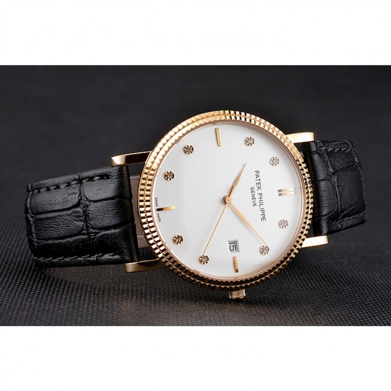 Patek Philippe Calatrava White Dial Diamond Hour Marks Ribbed Bezel Gold Case Black Leather Strap-3