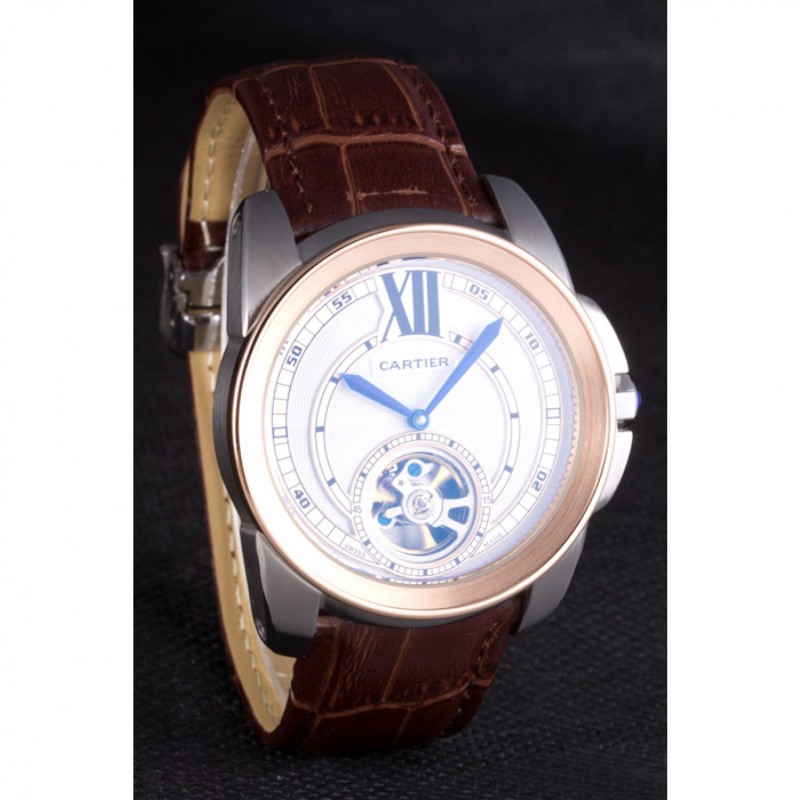 SS Replica Watches Cartier Calibre Flying Tourbillon White Dial Two Tone Case Brown Leather Bracelet-2