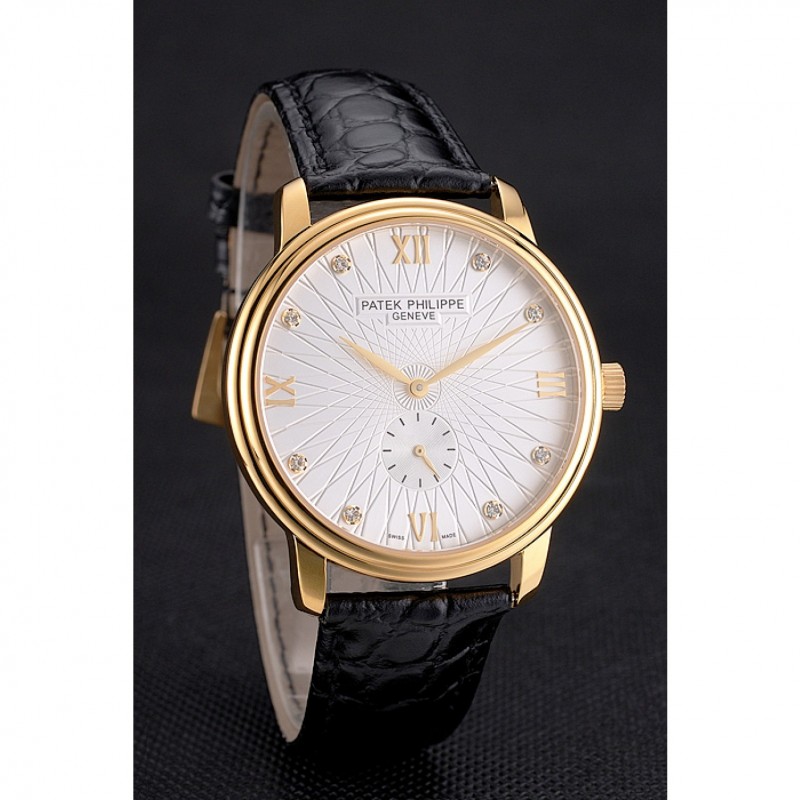 Patek Philippe Calatrava White Embossed Dial Gold Case Black Leather Strap-2