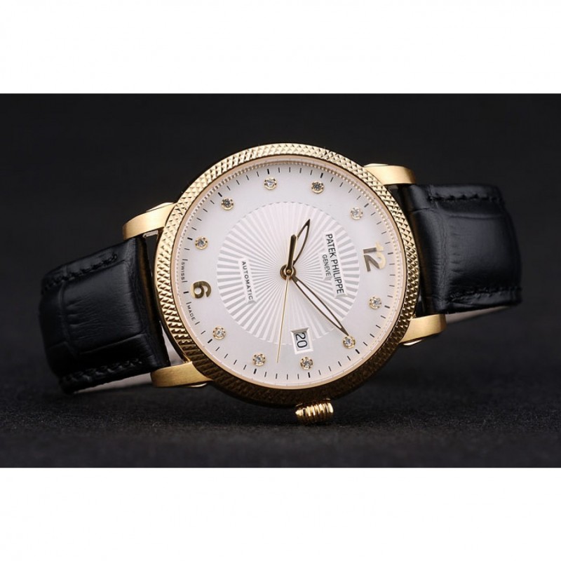 High Quality Replica Watches Patek Philippe Swiss Calatrava Ribbed Bezel White Dial Black Leather Strap 7642-3