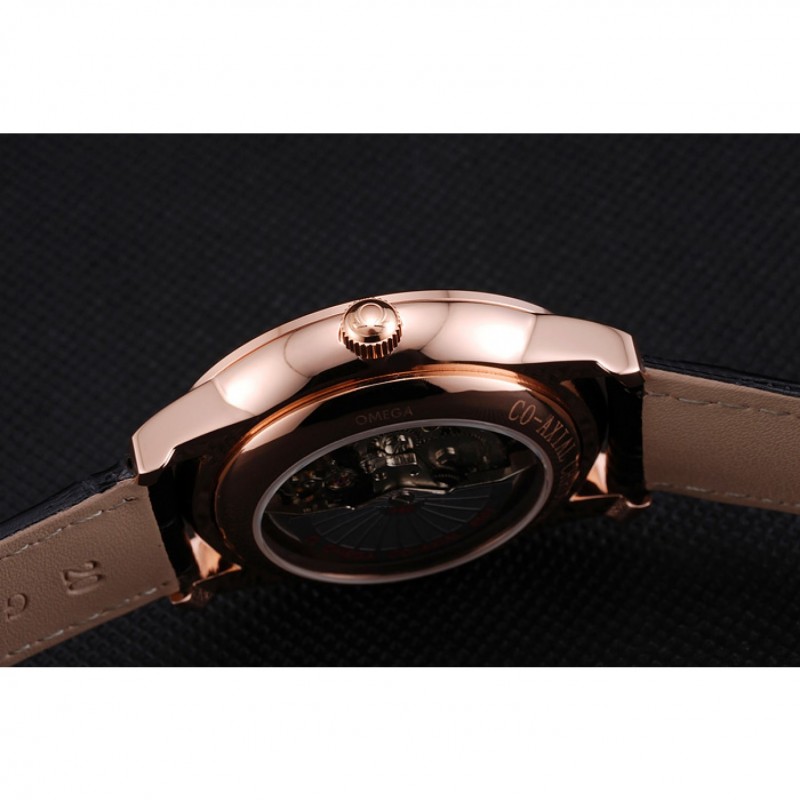 Omega De Ville Prestige Co-Axial Black Dial Rose Gold Diamond Case Black Leather Strap Roman Numeral-8