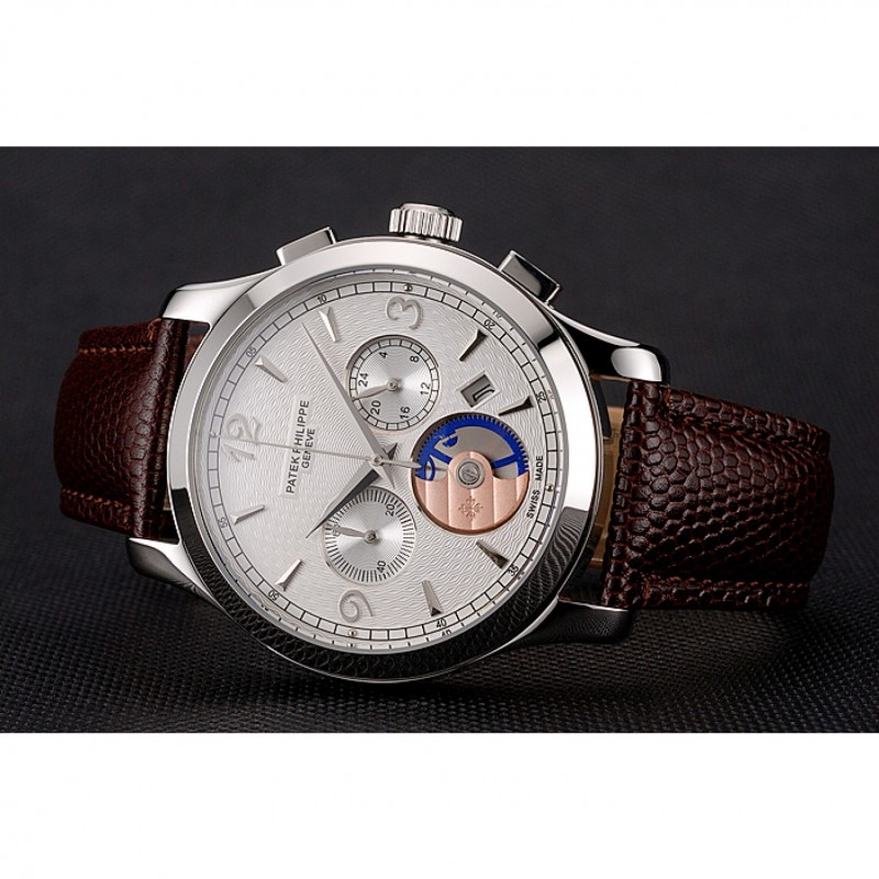 Patek Philippe Chronograph White Guilloche Dial Stainless Steel Case Brown Leather Strap-4