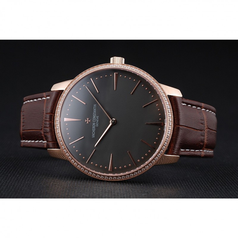 AAA Swiss Vacheron Constantin Patrimony Grand Taille Grey Dial Rose Gold Diamonds Case Brown Leather Bracelet 1454172-4