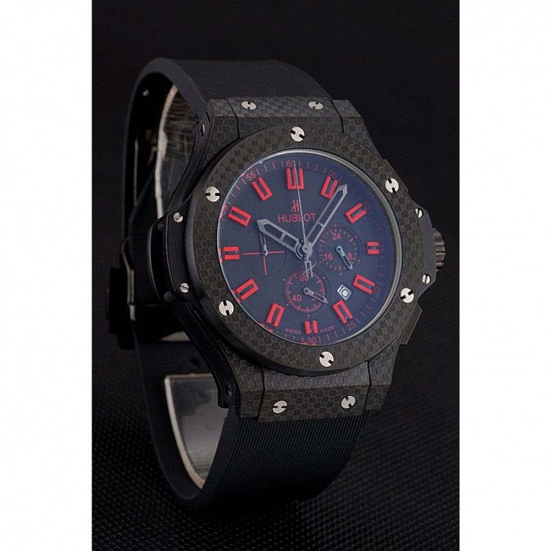 High Quality Replica Watches Hublot Big Bang Carbon Dial With Red Markings Carbon Case And Bezel Black Rubber Strap 622775-2