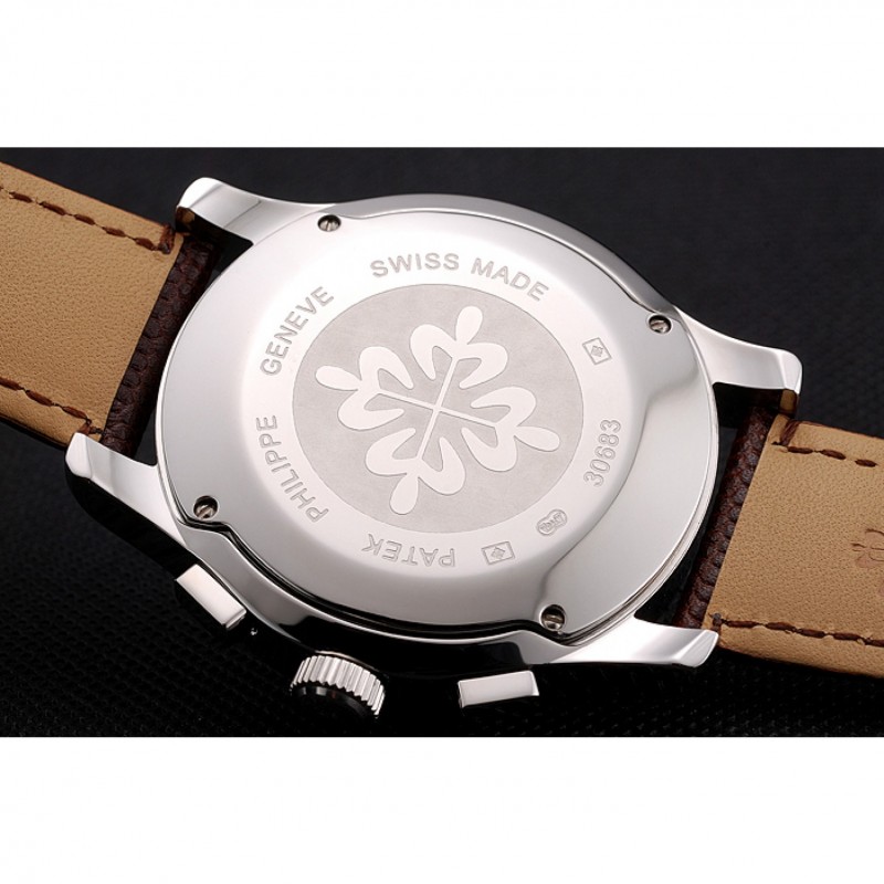 Patek Philippe Chronograph White Dial Stainless Steel Case Brown Leather Strap-7