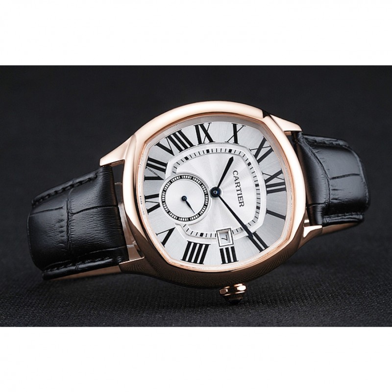 Cartier Drive De Cartier White Dial Gold Case Black Leather Bracelet 1454212-4