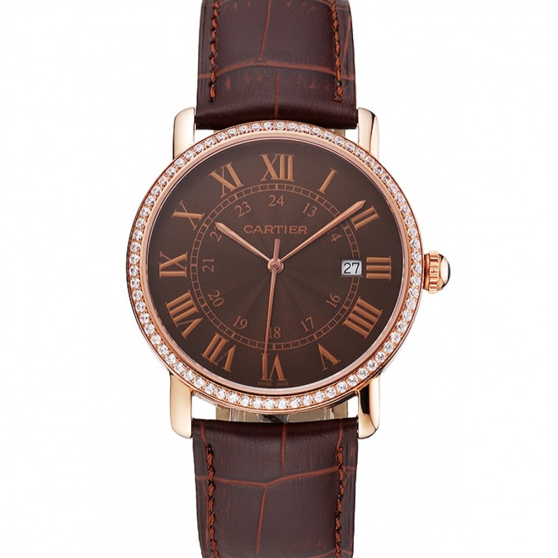 Cartier Ronde Solo Brown Dial Diamond Bezel Rose Gold Case Brown Leather Strap-0