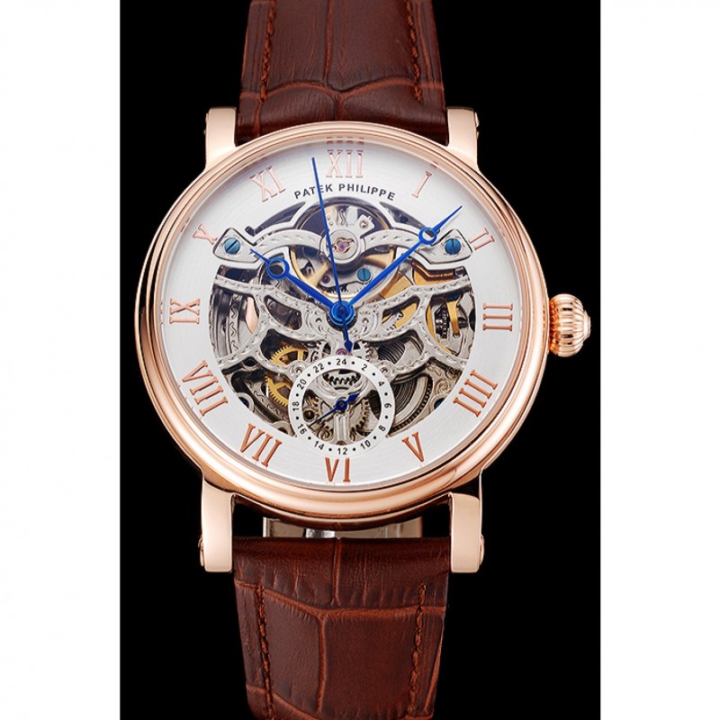 Patek Philippe Grand Complications White Skeleton Dial Rose Gold Case Brown Leather Strap 1453808-1