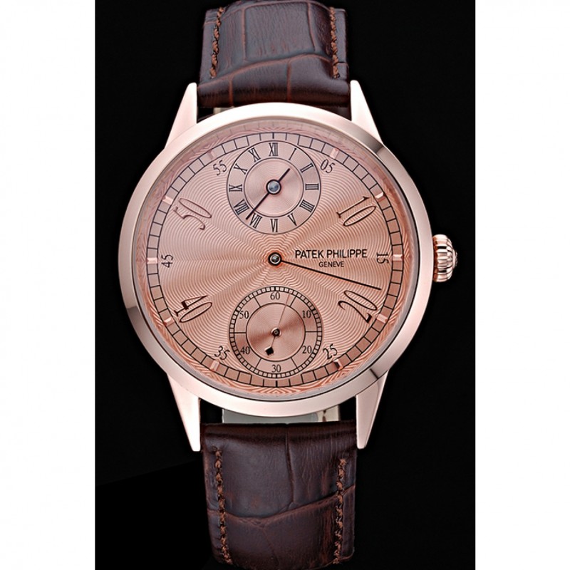 Patek Philippe Geneve Two Dial Rose Dial Rose Gold Bezel Brown Leather Band 622149-1