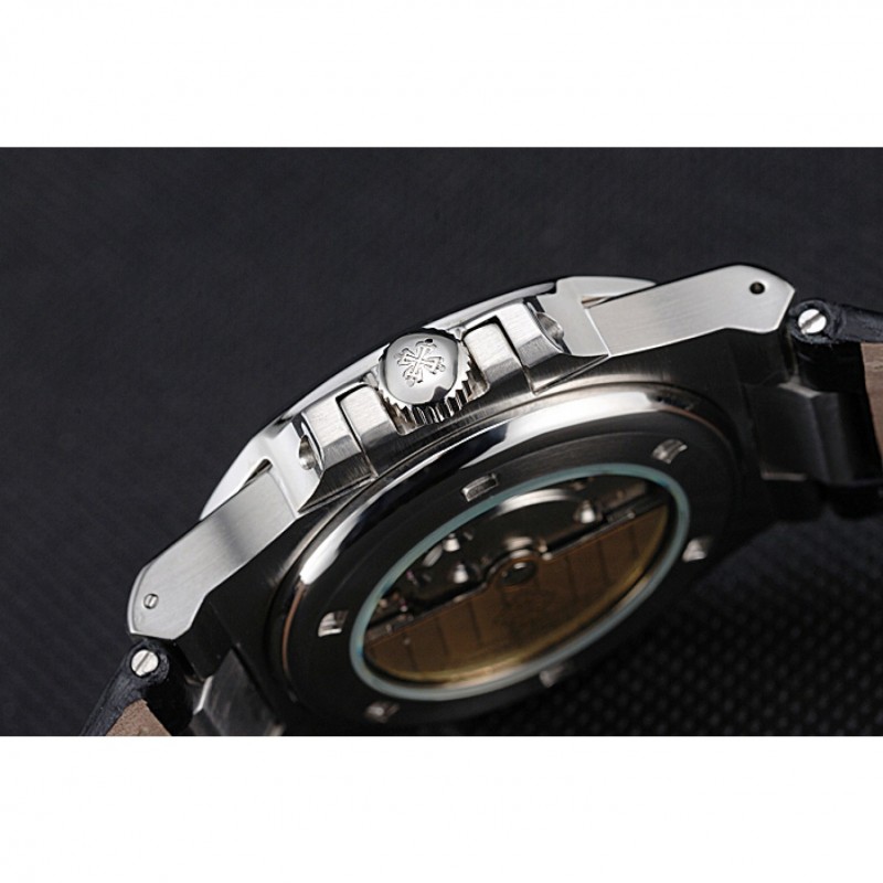 Patek Philippe Nautilus White Dial Brushed Stainless Steel Case Black Leather Strap-6