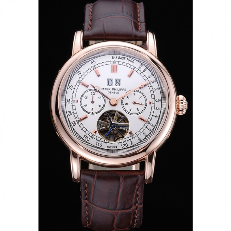 Patek Philippe Geneve Grand Complications White Dial Tourbillon Rose Gold Bezel Brown Band 622156-1