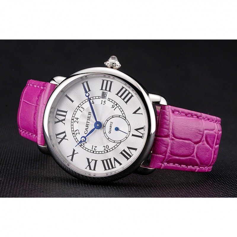 Cartier Ronde Louis Cartier White Dial Stainless Steel Case Fuchsia Leather Strap-4