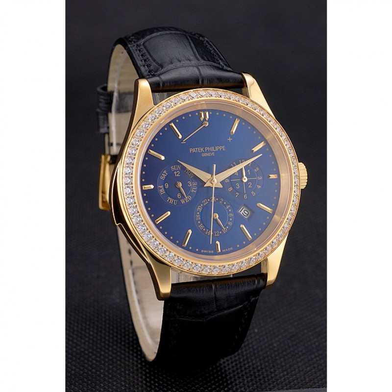 Swiss Patek Philippe Grand Complications Perpetual Calendar Blue Dial Gold Case Diamond Bezel Black Leather Strap-2