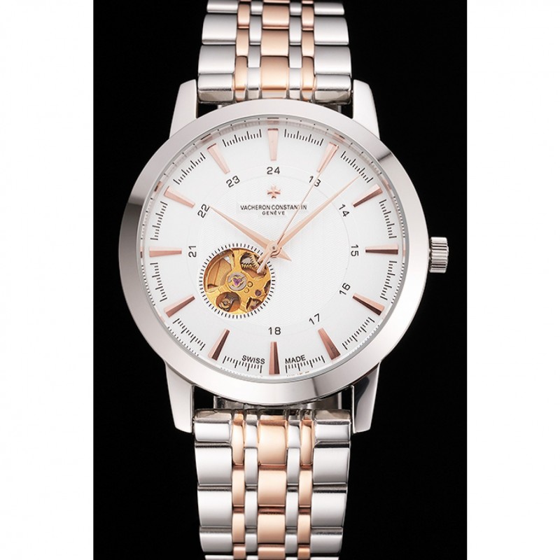 Cheap Vacheron Constantin Tourbillon White Dial Rose Gold Numerals Stainless Steel Case Two Tone Bracelet-1
