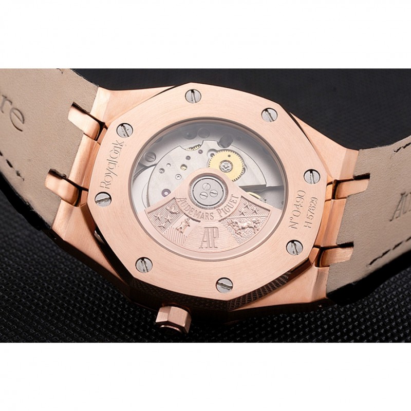 Swiss Audemars Piguet Royal Oak Black Dial Gold Case With Diamonds Black Leather Strap-7