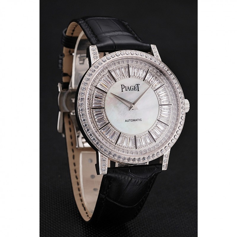 Swiss Piaget Altiplano Diamond Set Stainless Steel Case And Pearl Dial Black Leather Strap 1453746-2