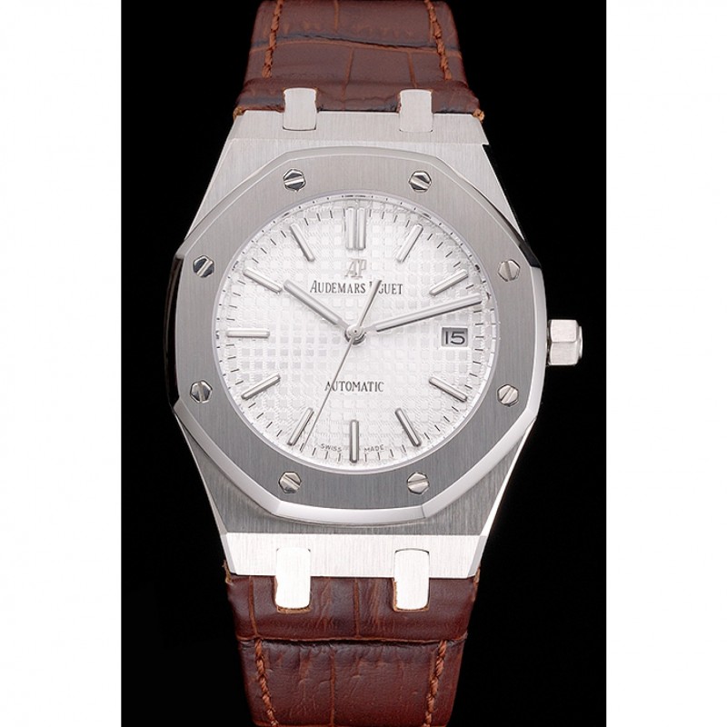 Swiss Audemars Piguet Royal Oak White Dial Stainless Steel Case Brown Leather Strap-1
