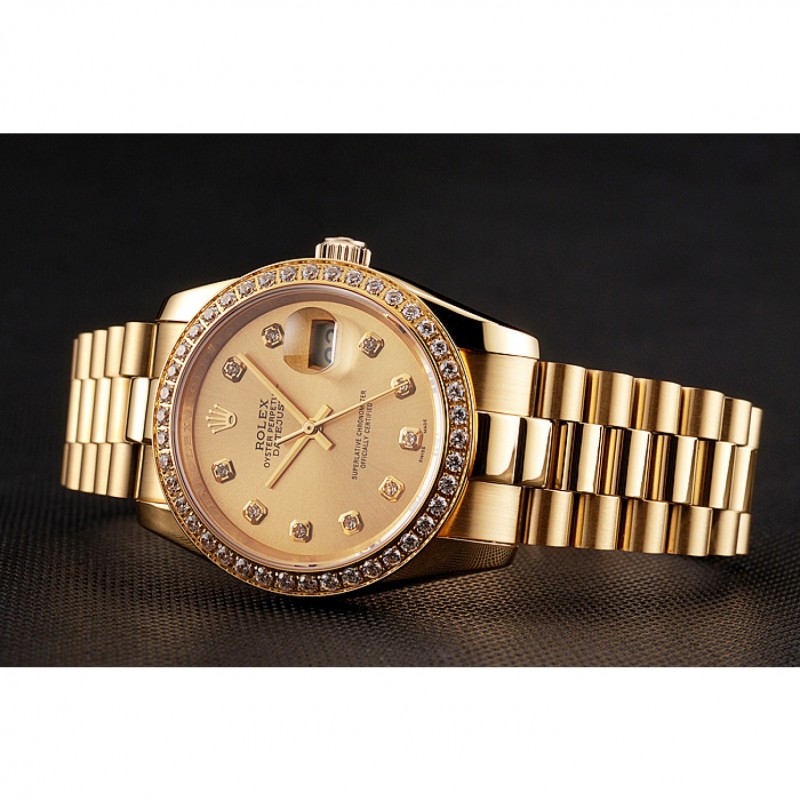 Swiss Rolex Datejust Champagne Dial Diamond Bezel Gold Bracelet 1454097-4
