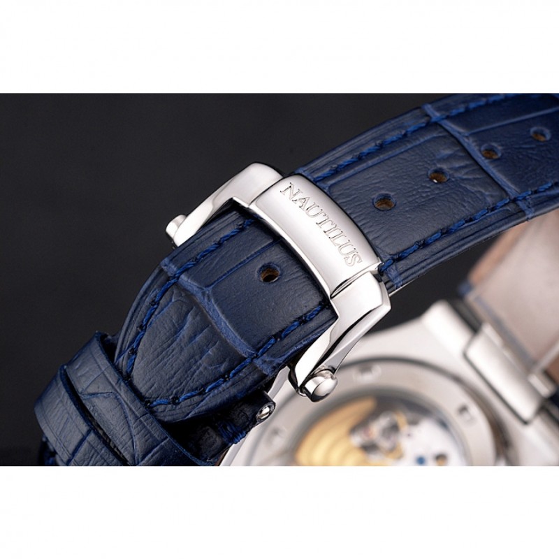 AAA Replica Watches Patek Philippe Nautilus Blue Dial Stainless Steel Case Blue Leather Strap-5
