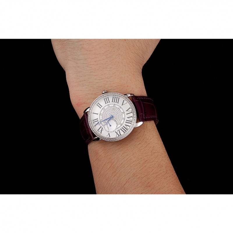 Cartier Ronde Louis Silver Diamond Case White Dial Purple Leather Bracelet 1454009-8
