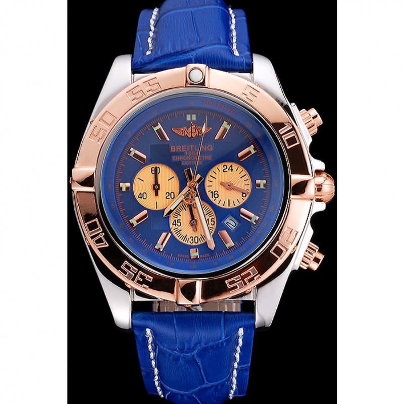 Breitling Chronomat Blue Dial Rose Gold Bezel And Subdials Stainless Steel Case Blue Leather Strap-1