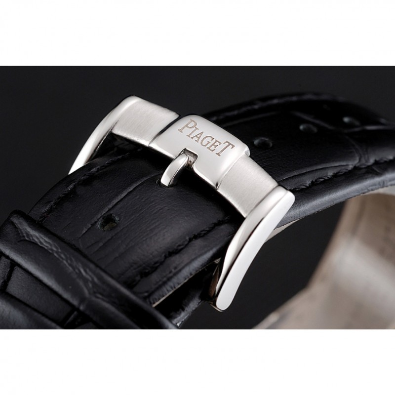 Swiss Piaget Emperador Tourbillon Skeleton Silver Diamond Case Black Leather Bracelet 1453943-4