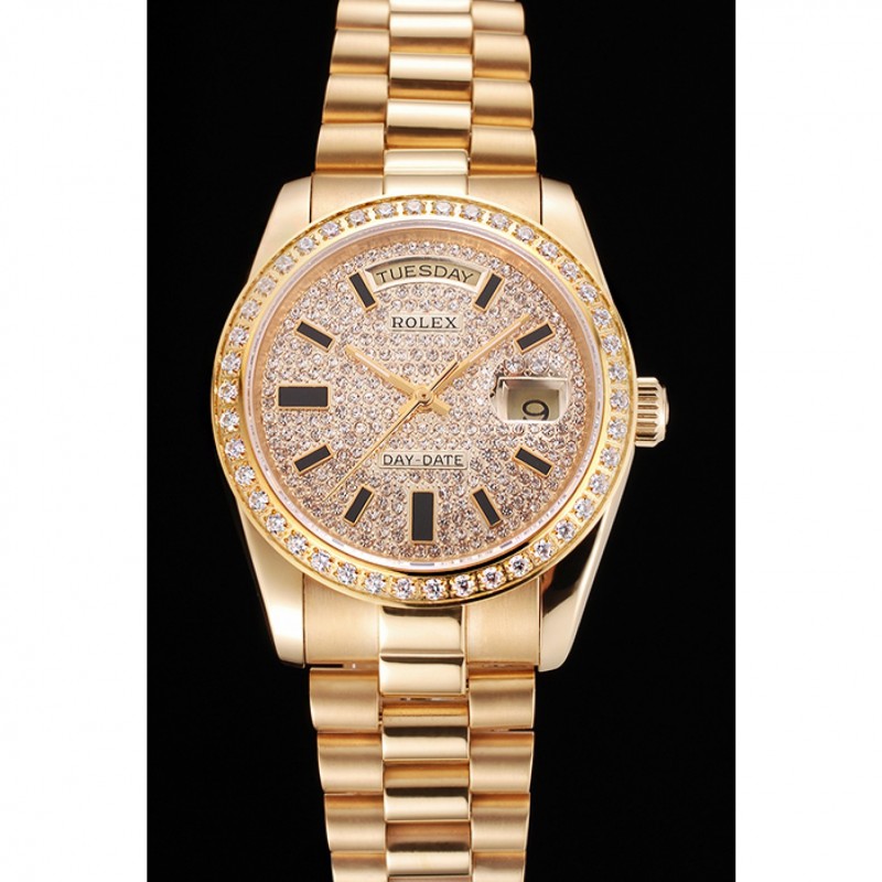 Swiss Rolex Day Date Diamond Pave Dial And Bezel Gold Case And Bracelet-1