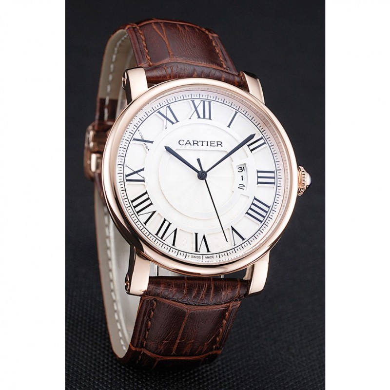 Cartier Rotonde White Dial Gold Case Brown Leather Bracelet 1454221-2