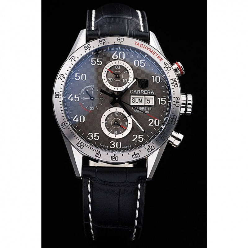 SS Replica Watches Tag Heuer Swiss Carrera Tachymeter Bezel Black Leather Strap Checkered Brown Dial-1