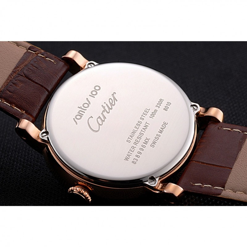 SS Cartier Rotonde Date White Dial Rose Gold Case Brown Leather Strap-7
