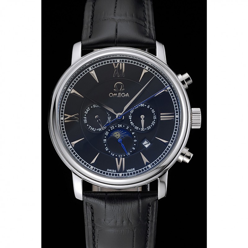 Omega De Ville Moonphase Black Dial Silver Case Black Leather Bracelet 1454225-1