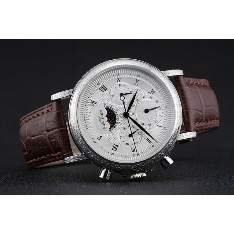 Patek Philippe Grand Complications White Dial Engraved Silver Case Brown Leather Bracelet 1454143-4