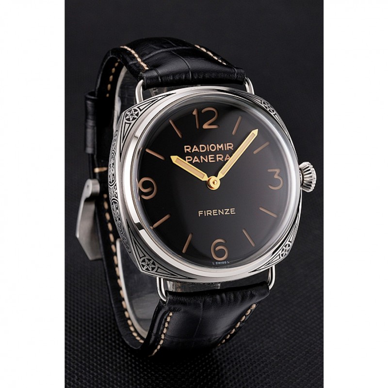 SS Replica Watches Panerai Radiomir Firenze 3 Days Acciaio PAM604 Black Dial Engraved Stainless Stell Case Black Leather Strap-2