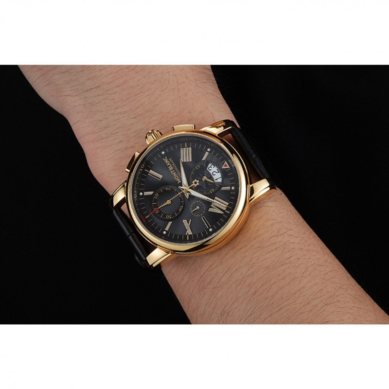 Montblanc Chronograph Black Dial Black Leather Bracelet Gold Case 1454112-8