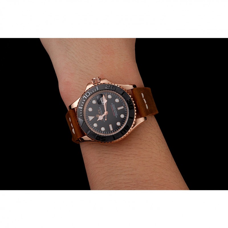 Luxury Replica Watches Rolex Yacht Master Black Dial Rose Gold Case Brown Leather Bracelet 1453861-8