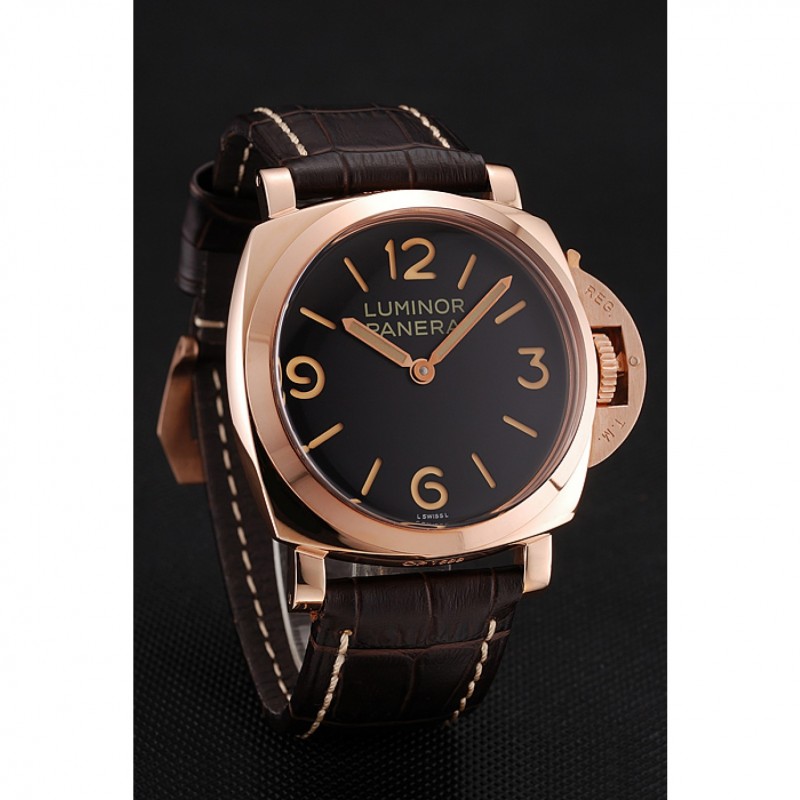 Swiss Panerai Luminor Black Dial Rose Gold Case Brown Leather Strap 1453842-2