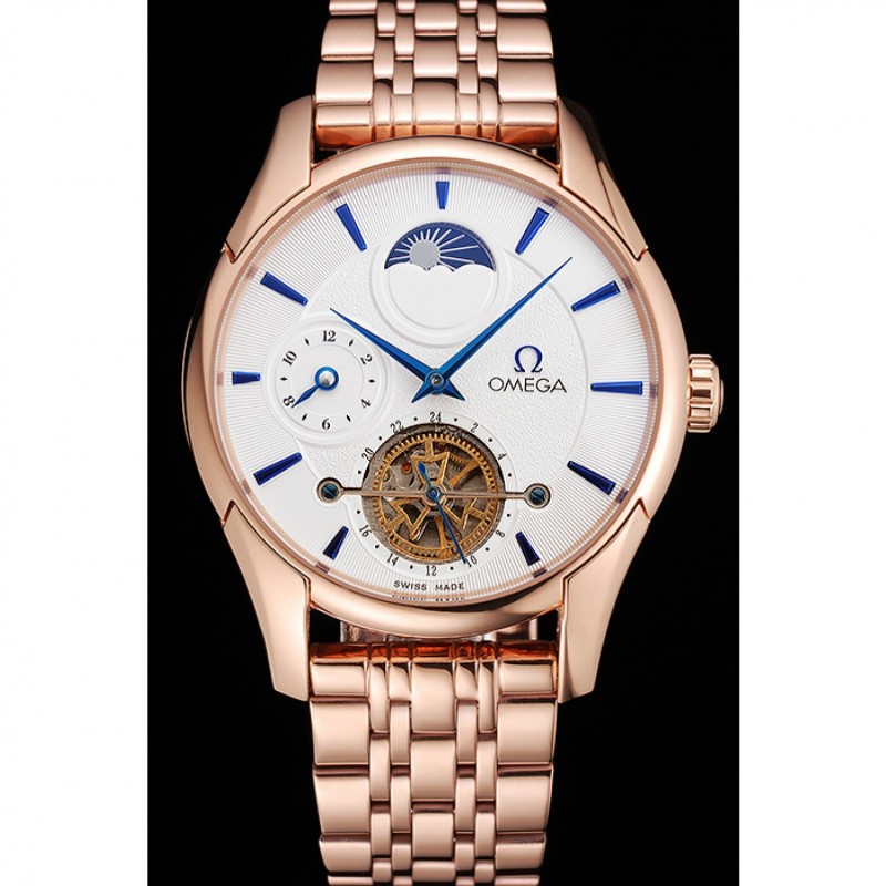 AAA Replica Watches Omega De Ville Moonphase Tourbillon White Dial Blue Hands Rose Gold Case And Bracelet-1