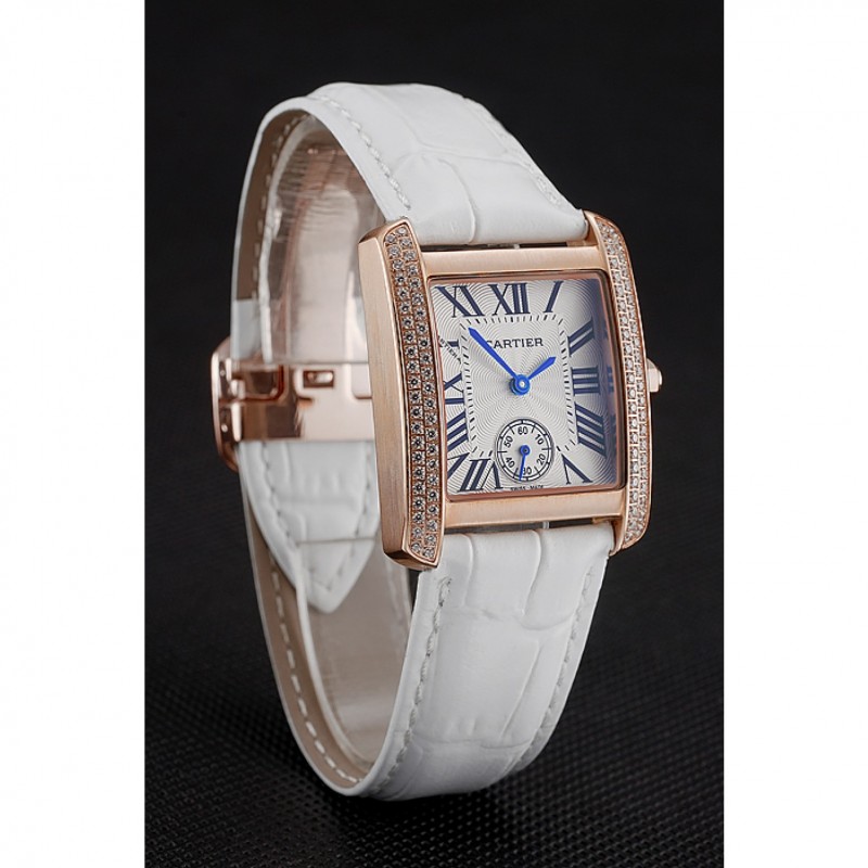 Cartier Tank MC Gold Diamond Case White Dial White Leather Strap 622169-2