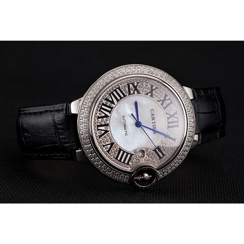 High Quality Replica Watches Swiss Cartier Ballon Bleu 46 MM Diamond Dial Diamond Case Black Leather Bracelet 1453894-3