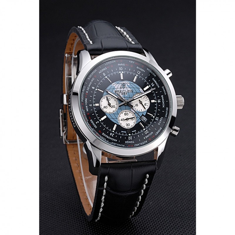 Breitling Transocean Chronograph Unitime Black Dial Stainless Steel Case Black Leather Bracelet 622242-2