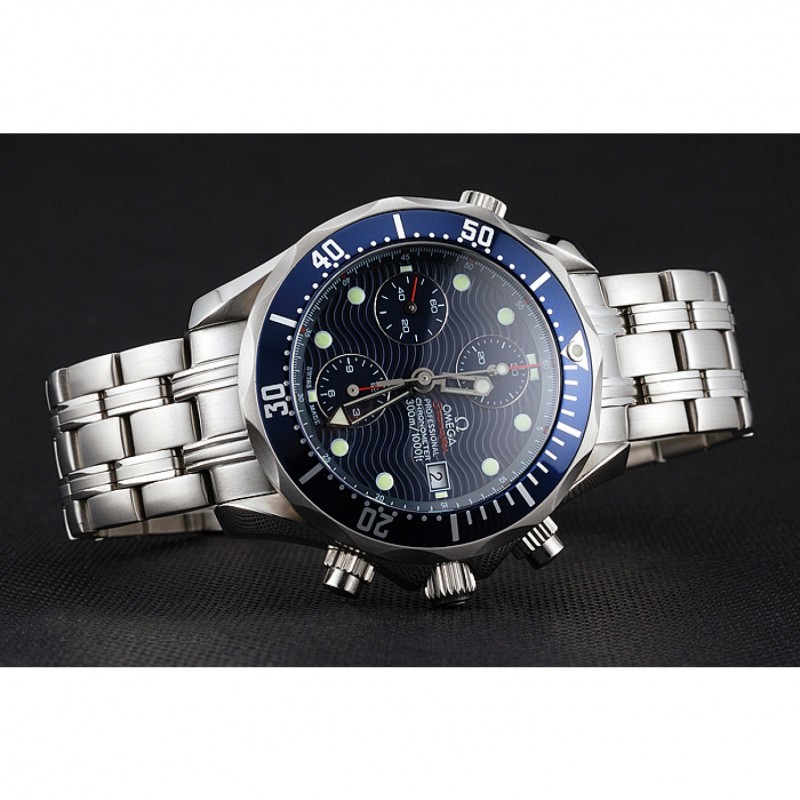 Swiss Omega Seamaster Chronograph 300m Blue Dial Blue Bezel Stainless Steel Case And Bracelet-4