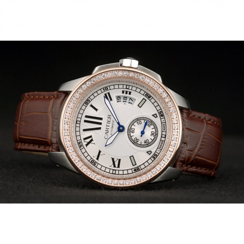 Cartier Calibre White Dial Diamonds Two Tone Case Brown Leather Bracelet-4