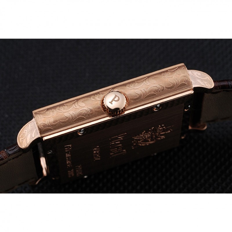 Luxury Replica Watches Piaget Emperador Limited Edition White Dial Engraved Rose Gold Case Brown Leather Bracelet 1454140-8