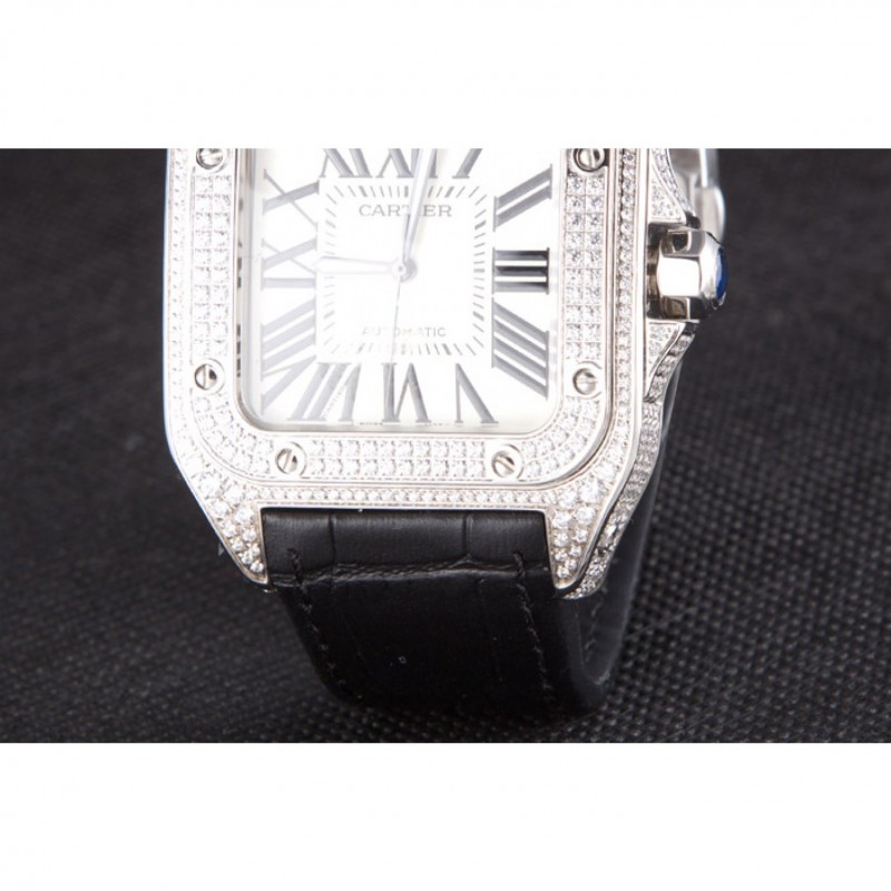 Swiss Cartier Santos Silver Bezel with Diamonds and Black Leather Strap sct47 621531-7