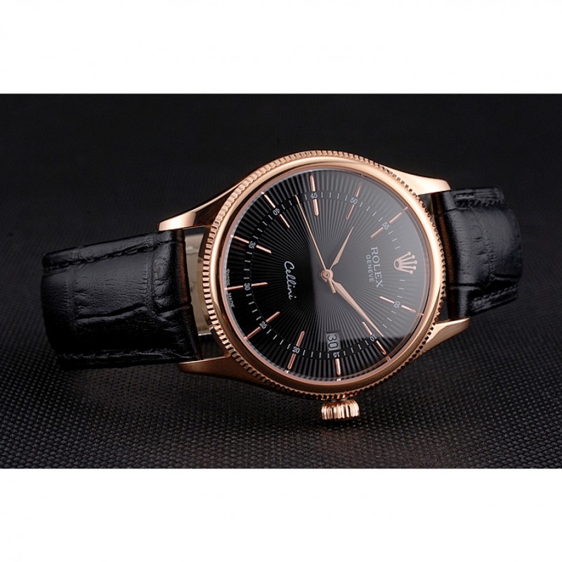 AAA Replica Watches Swiss Rolex Cellini Date Black Dial Rose Gold Markings Rose Gold Case Black Leather Strap-3