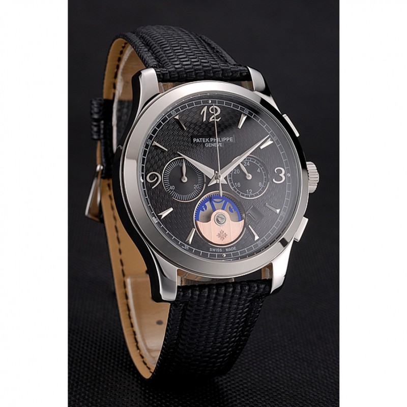 Patek Philippe Chronograph Black Guilloche Dial Stainless Steel Case Black Leather Strap-2